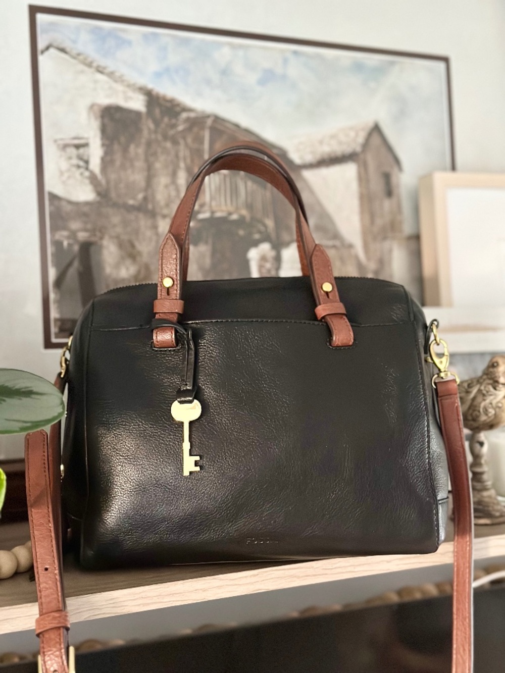 Fossil Rachel Small Black Pebbled Leather Satchel Crossbody Bag
